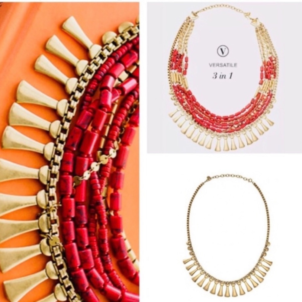 😊Stella & Dot Red Gold-tone  Statement Necklace 3 in 1 necklace looks